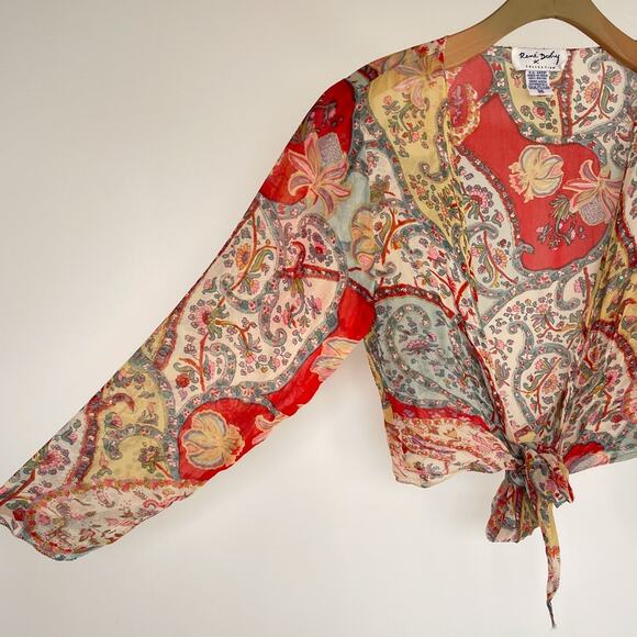 Vintage 90s Y2K Sheer Beaded Paisley Open Tied Top / Sz M / Boho Hippie Crop - Picture 5 of 8